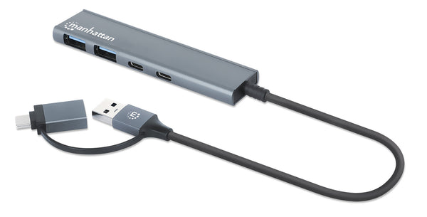 Manhattan USB-C & USB-A Combo Dock/Hub, Ports (4): USB-A (x2) and USB-C (x2), 5 Gbps (USB 3.2 Gen1 aka USB 3.0), External Power Supply Not Needed, Universal for all devices, Aluminium, SuperSpeed USB, Space Grey, Three Year Warranty