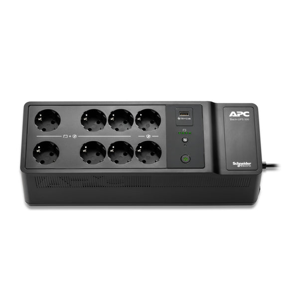 APC Back-UPS, 500VA/300W Floor/Wall Mount, 230V, 8x CEE 7/3 Schuko outlets, USB Type A Port, User Replaceable Battery