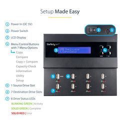 StarTech.com Standalone 1 to 7 USB Thumb Drive Duplicator and Eraser, Multiple USB Flash Drive Copier, System and File and Whole-Drive Copy at 1.5 GB/min, Single and 3-Pass Erase, LCD Display