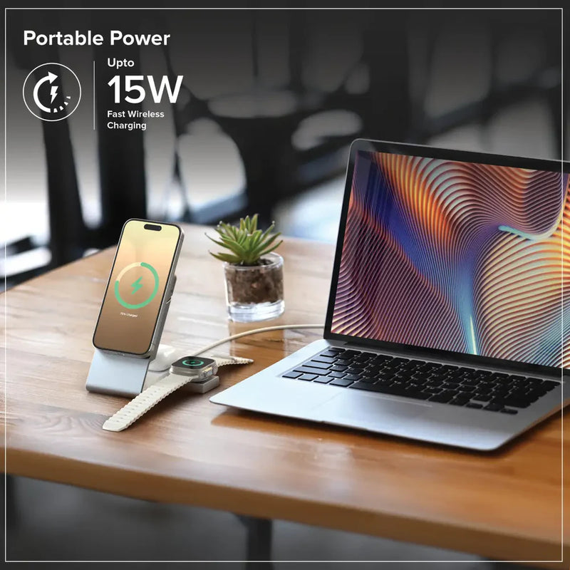 ALOGIC Matrix+ 3-in-1 Magnetic Charging Dock with Apple Watch Charger for iPhone 16-12 , Apple Watch, Airpods , Charging Station for Apple Devices with 5000mAH Wireless Power Bank & 30W Multi Country Power Adapter.