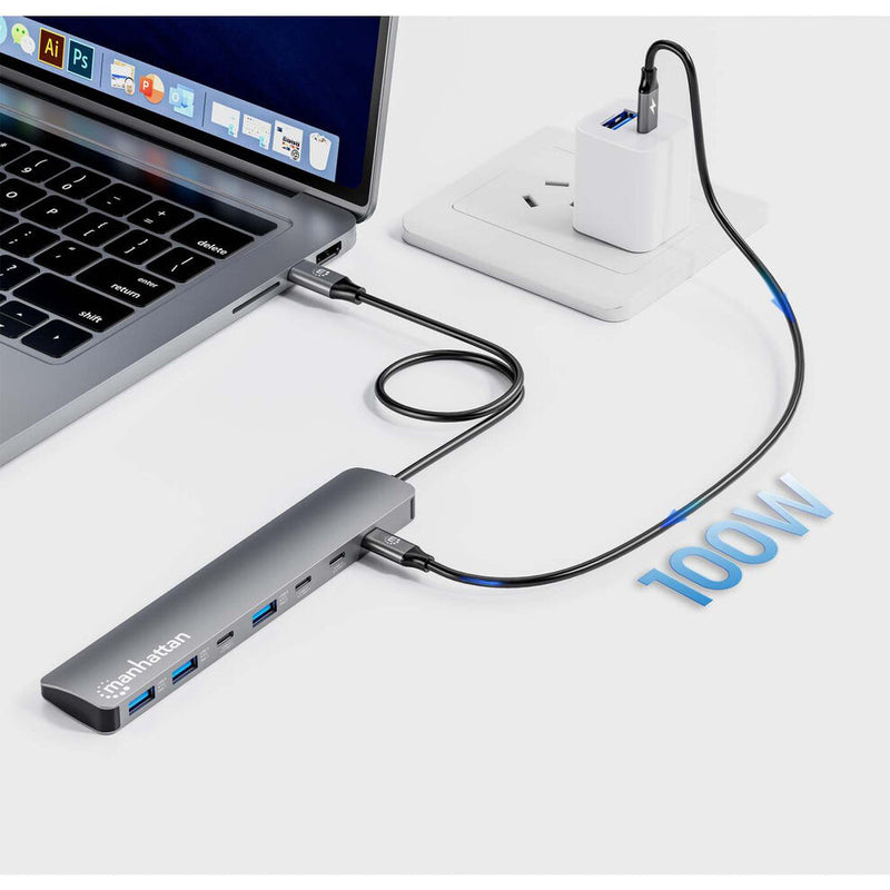 Manhattan USB-C Dock/Hub, Ports (x7): USB-A (x3) and USB-C (x4), With Power Delivery (100W) to USB-C Port (Note additional USB-C wall charger and USB-C cable needed), USB 3.2 Gen 2, All Ports can be used at the same time, Universal, Aluminium, Space Grey