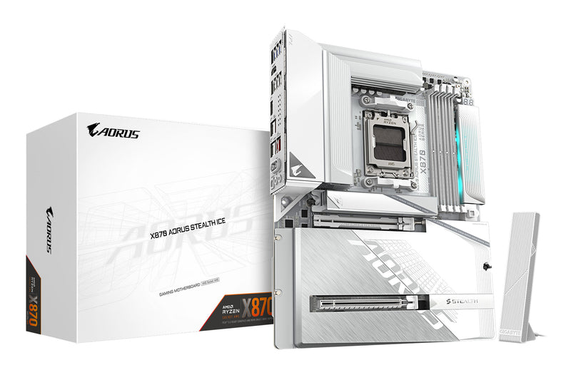 GIGABYTE X870 AORUS STEALTH ICE Motherboard - Supports AMD Ryzen 9000 CPUs, 16+2+2 Phases Digital VRM, up to 8200Hz DDR5 (OC), 2xPCIe 5.0 + 2xPCIe 4.0, Wi-Fi 7, 5 GbE LAN, USB 4