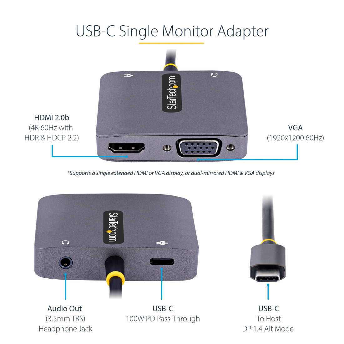StarTech.com USB C Video Adapter, USB C to HDMI VGA Multiport Adapter, 3.5mm Audio, 4K 60Hz HDR, 100W PD - image 8