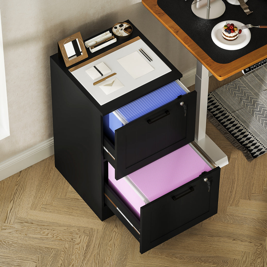 HOMCOM 2 Drawer Filing Cabinet with Lock, Office Storage Cabinet with Adjustable Hanging Bars for A4 Letter Size Files, Black