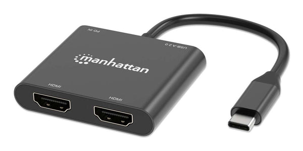 Manhattan USB-C to Dual HDMI and USB-A Adapter, Dual 4K@30Hz or Single 4K@60Hz, USB 2.0 USB-A Port (480 Mbps), Up to 100W USB-C Power Delivery Pass-Through, 15cm Cable, Black, Three Year Warranty