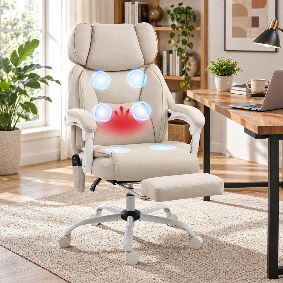 HOMCOM Office Chair with Massage, Heat, Adjustable Headrest, Leathaire‌ Reclining Desk Chair with Footrest, Cream White