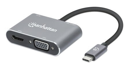 Manhattan USB-C Dock/Hub, Ports (x4): HDMI, USB-A, USB-C and VGA, With Power Delivery (87W) to USB-C Port (Note add USB-C wall charger and USB-C cable needed), All Ports can be used at the same time, Universal for all devices, Aluminium, Space Grey,3 Year