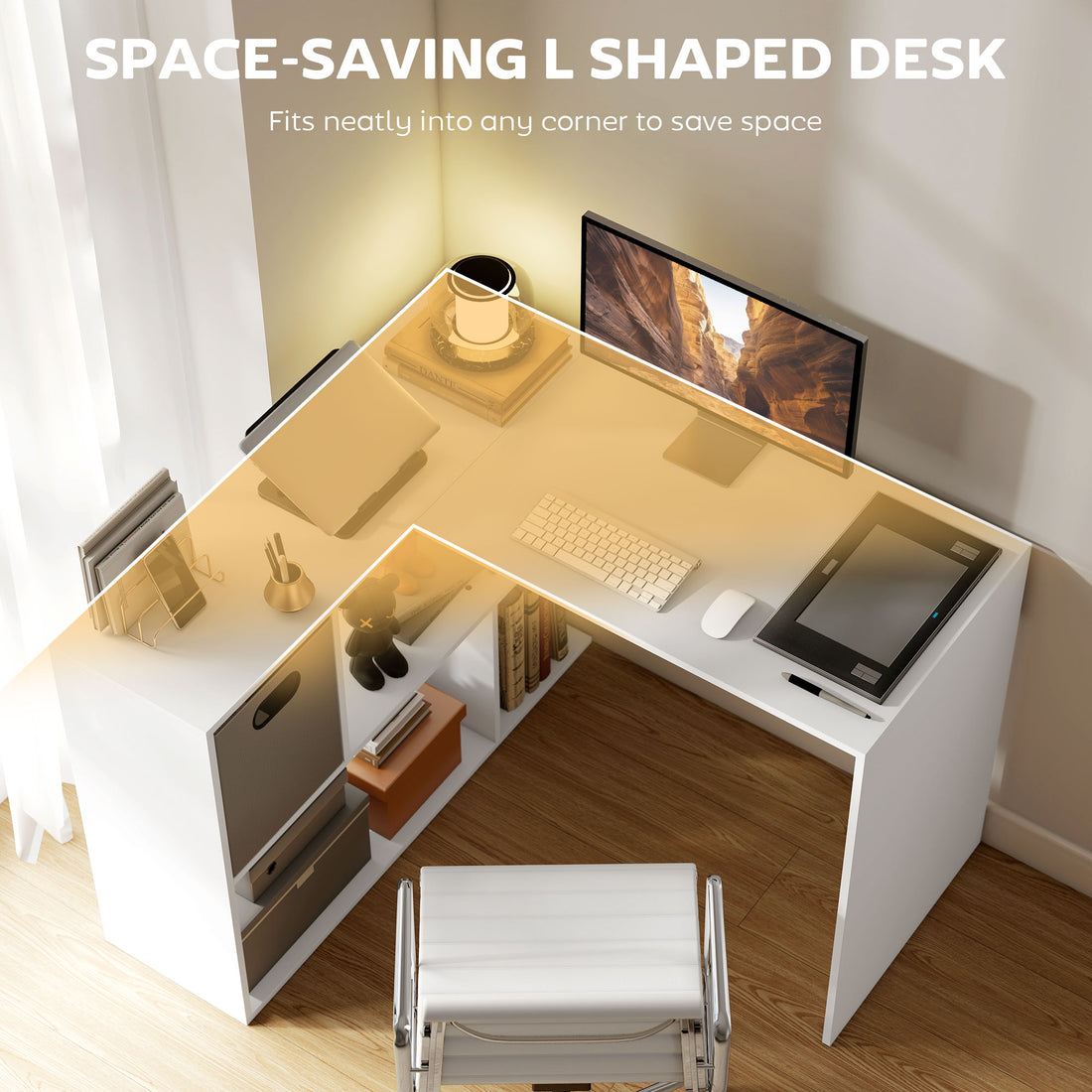 HOMCOM L Shaped Computer Desk, 110 x 100cm Corner Desk with Fabric Drawer and Storage Shelves, White