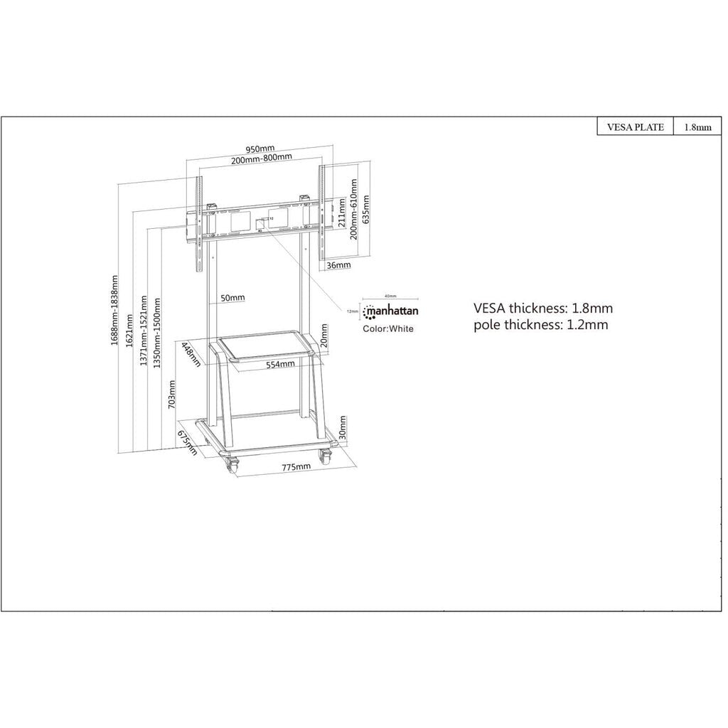 Manhattan Trolley Mount Stand for TV & Monitors, For screens 37" to 100", VESA compatibility: all between - image 6