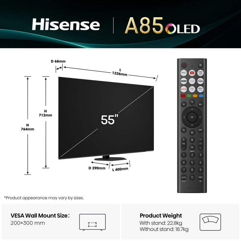Hisense 55" A85QTUK OLED Smart AI TV with Freely