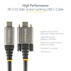 StarTech.com 3ft (1m) Side Screw Locking USB C Cable 10Gbps - USB-IF Certified USB-C Cable - USB 3.1/3.2 Gen 2 Type-C Cable - 100W (5A) Power Delivery Charging, DP Alt Mode - Dual Screw Lock - USB-C Cord Charge/Sync