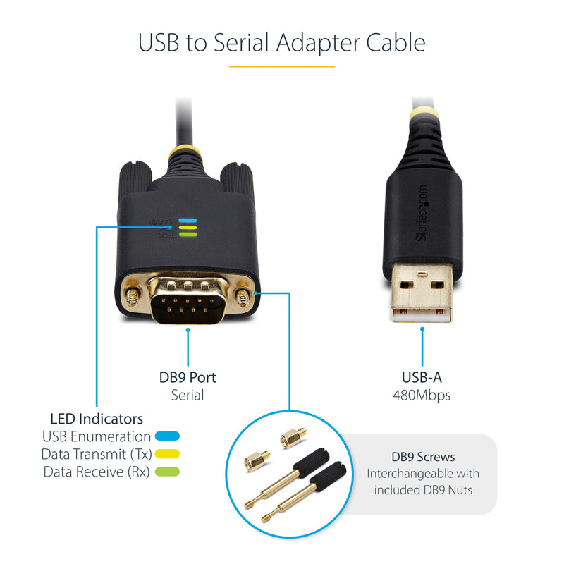 StarTech.com 6.6ft (2m) USB to Serial Adapter Cable, COM Retention, Interchangeable Screws/Nuts, USB-A to DB9 RS232, FTDI IC, ESD Protection, Windows/macOS/Linux