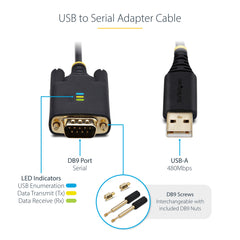 StarTech.com 6.6ft (2m) USB to Serial Adapter Cable, COM Retention, Interchangeable Screws/Nuts, USB-A to DB9 RS232, FTDI IC, ESD Protection, Windows/macOS/Linux