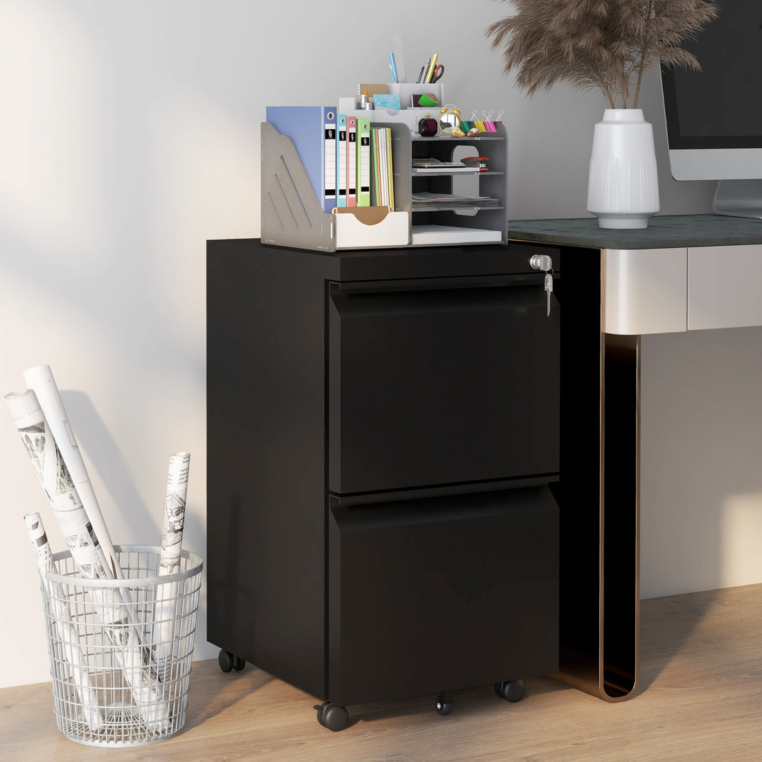 Vinsetto 2-Drawer Mobile Filing Cabinet, Metal Lockable File Cabinet for Letter, A4 and Legal Size, Pre-Assembled Body, Black