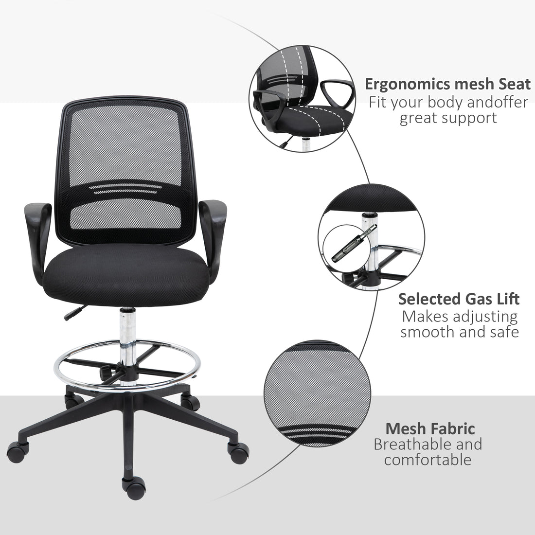 Vinsetto Drafting Chair, Ergonomic Tall Office Chair with Mesh Back, Lumbar Support, Adjustable Height and Foot Ring, Swivel Wheels, for Standing Desk, Black