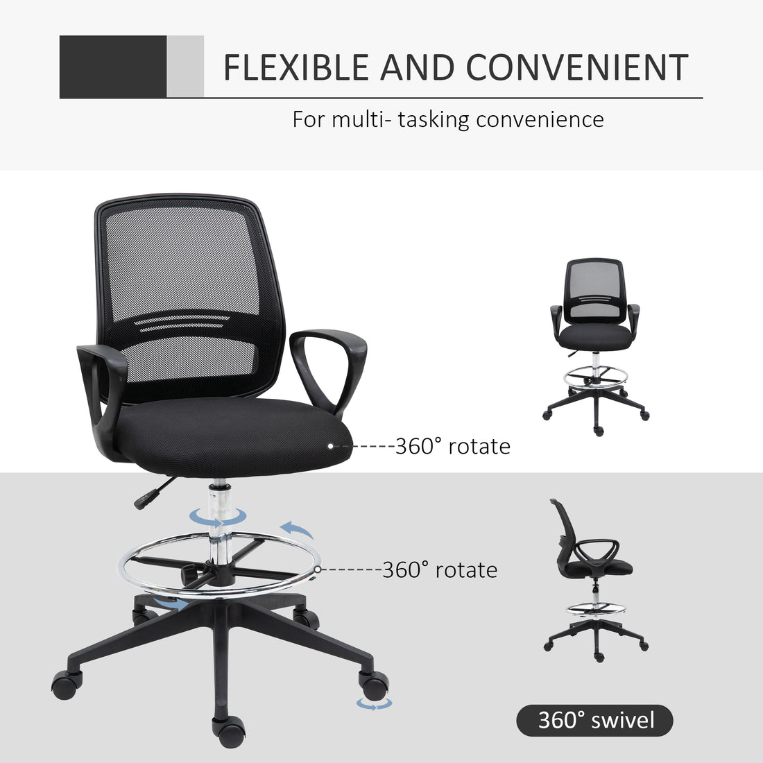 Vinsetto Drafting Chair, Ergonomic Tall Office Chair with Mesh Back, Lumbar Support, Adjustable Height and Foot Ring, Swivel Wheels, for Standing Desk, Black