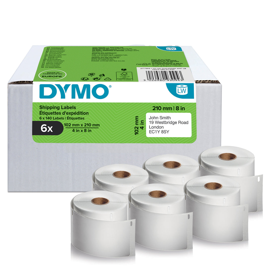 DYMO Authentic LabelWriter Shipping Labels | 102 mm x 210 mm | Self Adhesive | 6 Rolls of 140 Easy-Peel Labels