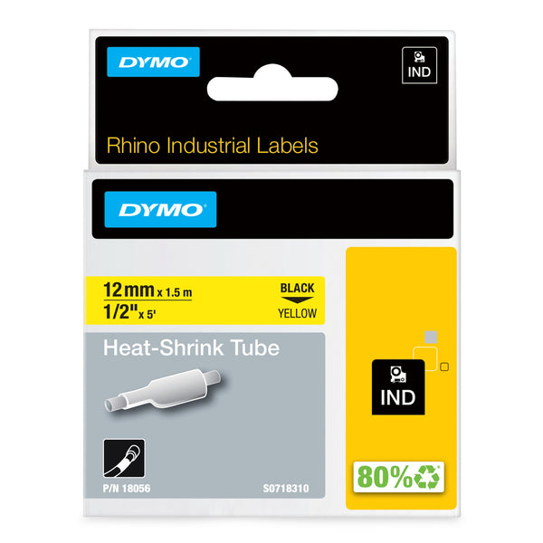 DYMO Rhino Industrial Heat-Shrink Cable Label Tubes | 12 mm x 1.5 m | Black Print on Yellow | for Rhino Label Makers
