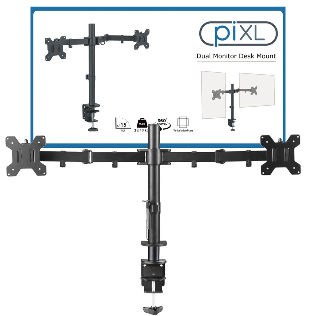 piXL Desk-Mounted Fully-Adjustable Dual Monitor Arm for Screens Up To 27"