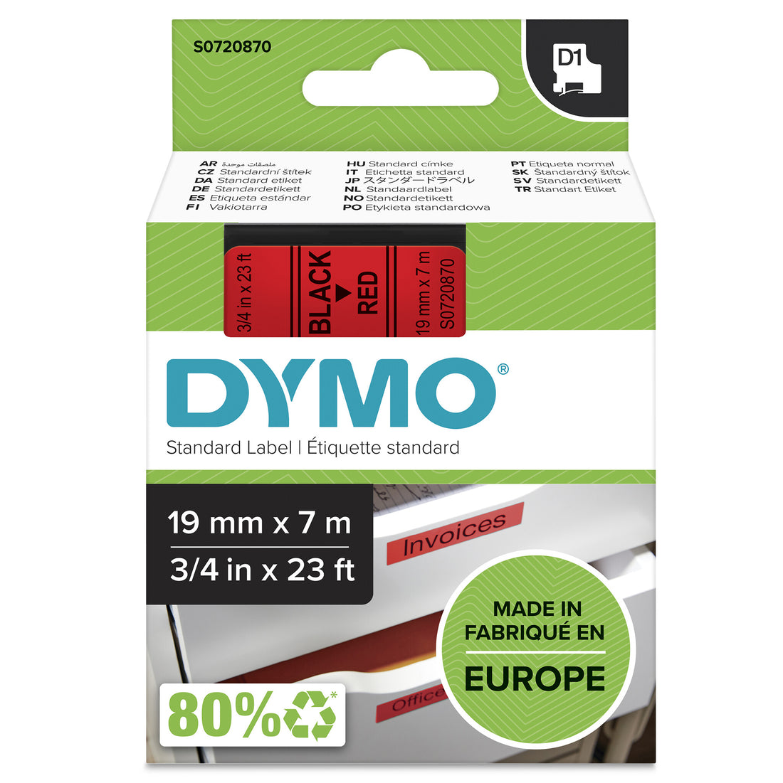 DYMO Authentic D1 Labels | Black Print on Red Tape | 19 mm x 7 m | Self-Adhesive Labels for LabelManager Label
