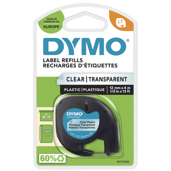 DYMO Branded LetraTag Plastic Labels | 12 mm x 4 m Roll | Black Print on Clear Labels | MultipurposeSelf-Adhesive Labels for LetraTag Label Makers