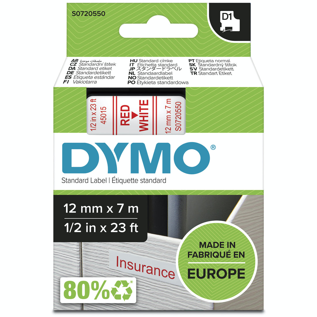 DYMO Authentic D1 Labels | Red Print on White Tape | 12 mm x 7 m | Self-Adhesive Labels for LabelManager Label