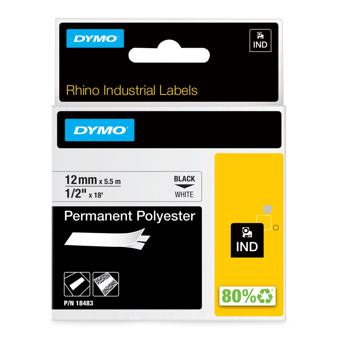 DYMO Rhino Industrial Permanent Polyester Labels | 12 mm x 5.5 m | Black Print on White | Self-Adhesive | for