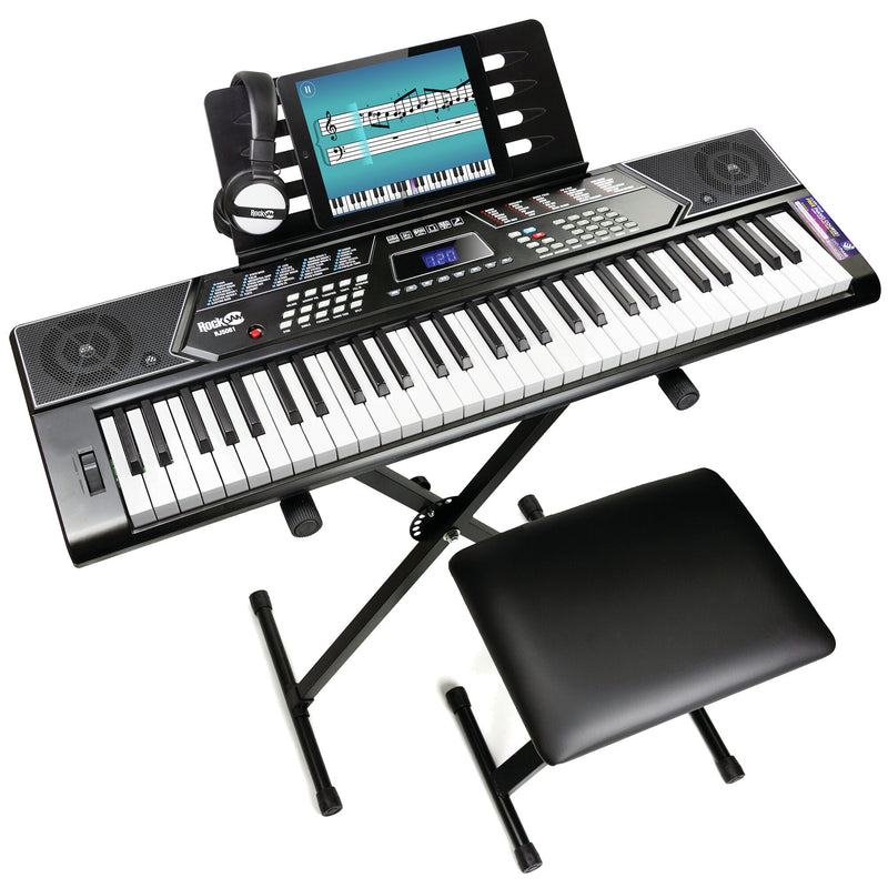 RockJam 61-Key Keyboard Piano Kit with Pitch Bend, Bench, Stand, Headphones, Note Stickers & Lessons
