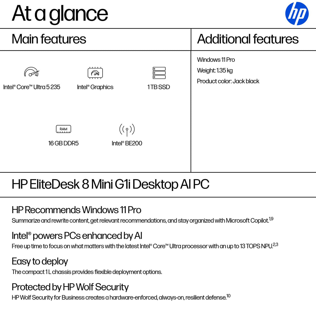 HP EliteDesk 8 Mini G1i Intel Core Ultra 5 235 16 GB DDR5-SDRAM 1 TB SSD Windows 11 Pro Mini PC AI PC Black - image 3