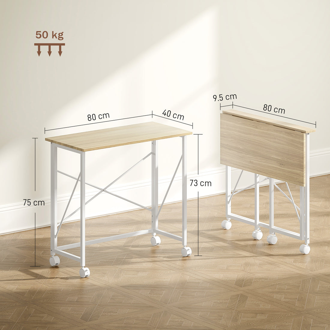 HOMCOM 80 cm Folding Desk on Wheels - Natural Tone