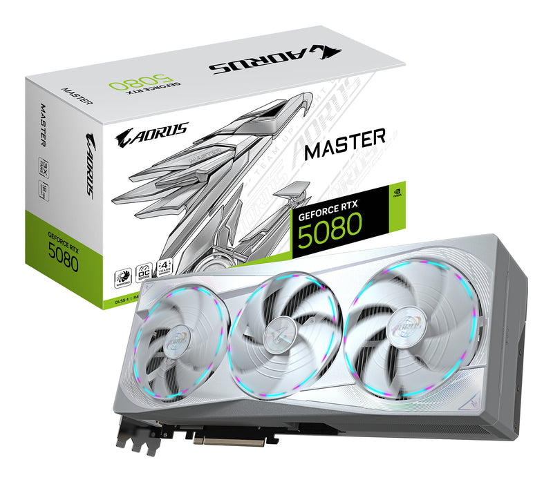GIGABYTE AORUS GeForce RTX 5080 MASTER ICE 16G Graphics Card - 16GB GDDR7, 256bit, PCI-E 5.0, 2805MHz Core Clock, 3 x DP 2.1a, 1 x HDMI 2.1b, NVIDIA DLSS 4, GV-N5080AORUSM ICE-16GD