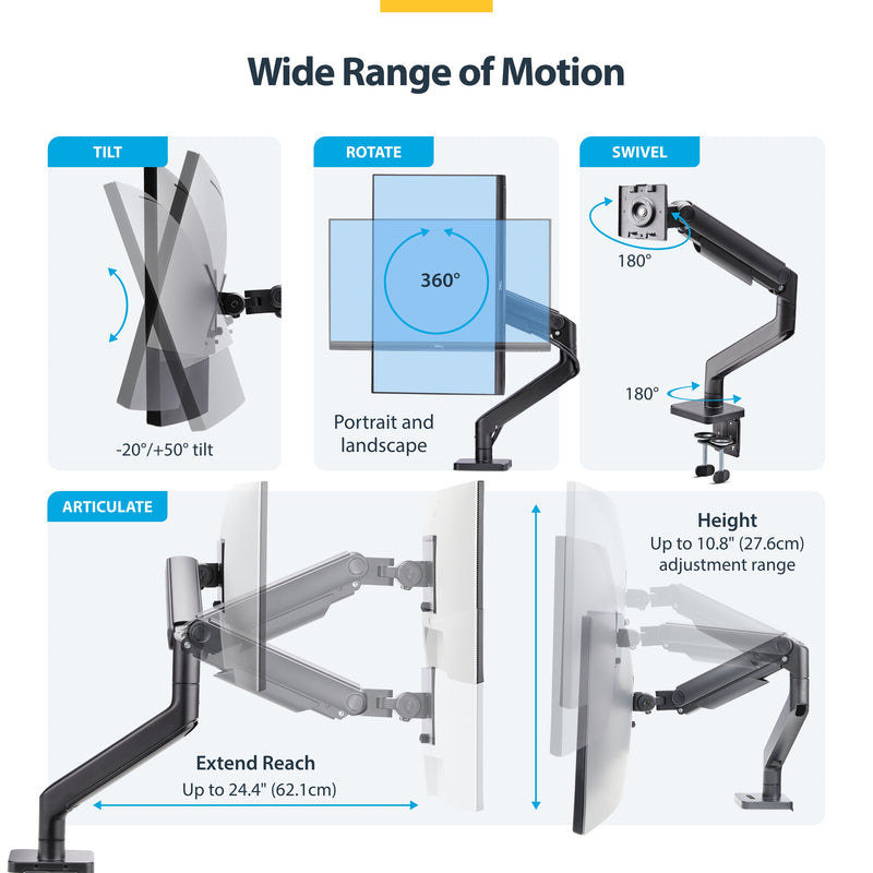 StarTech.com Monitor Desk Mount for up to 49in 32:9 Ultrawide Curved Screens, Mechanical Spring Arm, C-Clamp/Grommet, Tool-Less Adjustment, Max 44lb/20kg