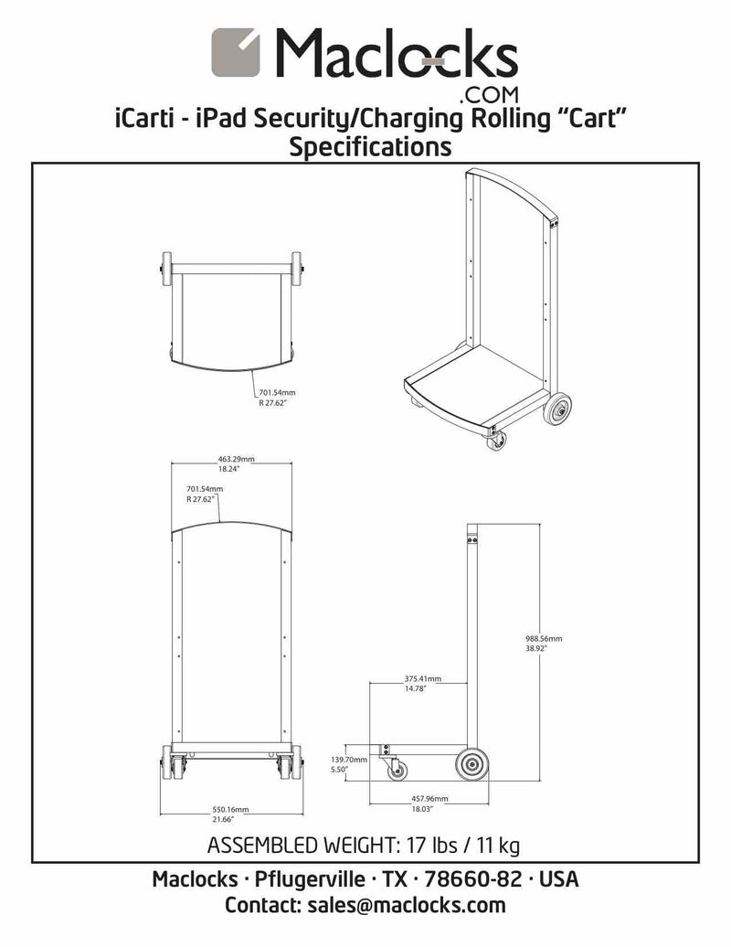 Compulocks CartiPad Uno Tablet / Laptop Charging Rolling Cart 16 Devices EU Power Plug