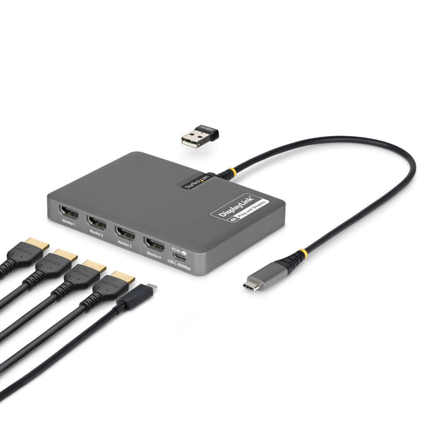 StarTech.com USB-C to Quad-Monitor Workstation Adapter, 4K 60Hz HDMI, 140W PD Passthrough for Laptop Charging, USB Port for Wireless Keyboard / Mouse, TAA