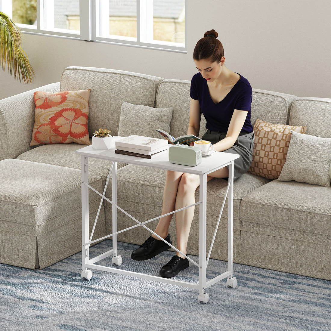 HOMCOM 80 cm Folding Desk on Wheels - White