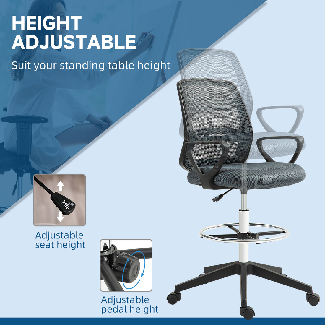 Vinsetto 102.5-126cm Draughtsman Office Chair, with Footrest - Grey