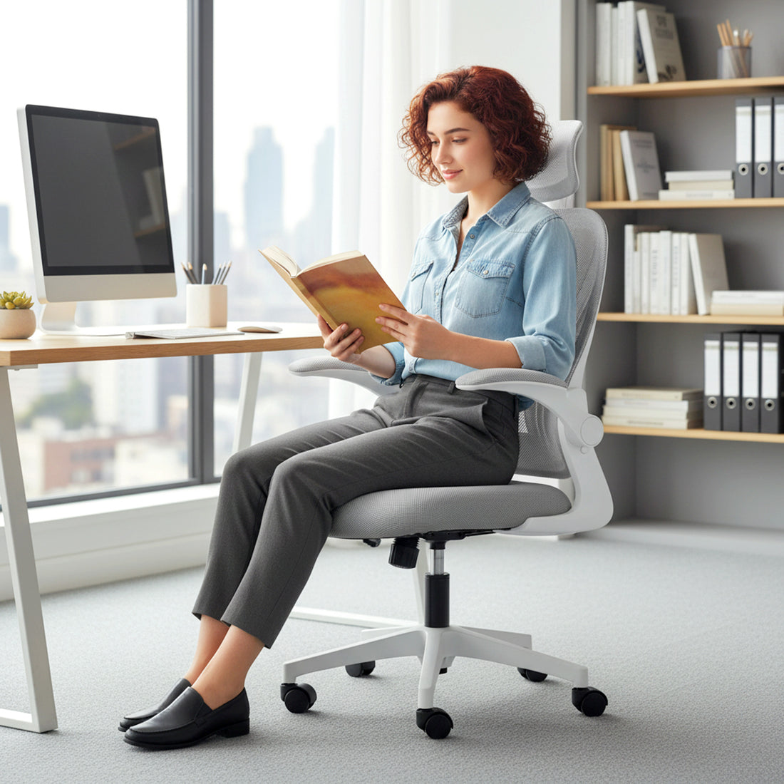 HOMCOM Ergonomic Office Chair with Foldable Backrest, 2D Headrest - Light Grey