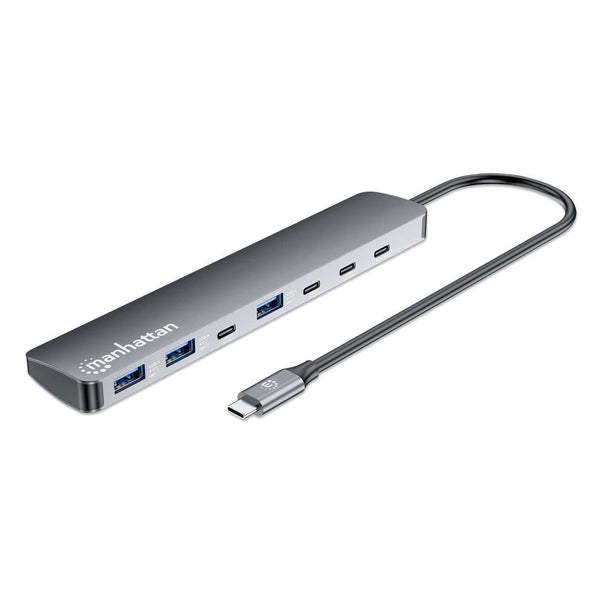 Manhattan USB-C Dock/Hub, Ports (x7): USB-A (x3) and USB-C (x4), With Power Delivery (100W) to USB-C Port (Note additional USB-C wall charger and USB-C cable needed), USB 3.2 Gen 2, All Ports can be used at the same time, Universal, Aluminium, Space Grey