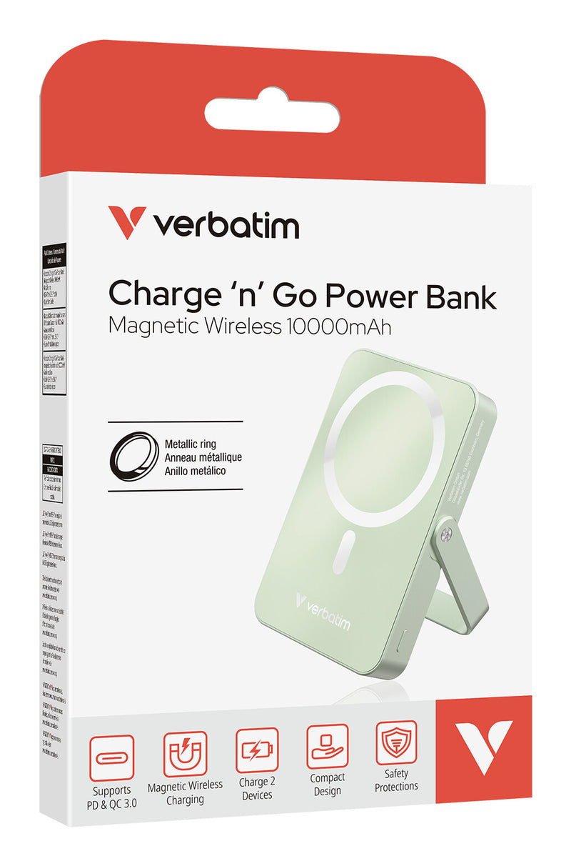 Verbatim Charge 'n' Go Magnetic Wireless Power Bank with stand - 10000 mAh Green