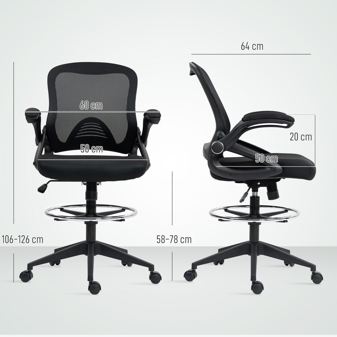 Vinsetto Drafting Chair with Flip-up Armrest, Mesh Office Stool with Foot Ring, 360 Degree Swivel Height Adjustable Chair for Standing Desk, Black