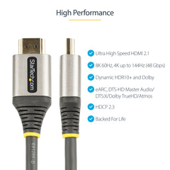 StarTech.com 12ft (4m) HDMI 2.1 Cable 8K - Certified Ultra High Speed HDMI Cable 48Gbps - 8K 60Hz/4K 120Hz HDR10+ eARC - Ultra HD 8K HDMI Cord - Monitor/TV/Display - Flexible TPE Jacket