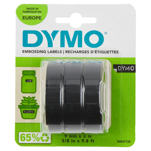 DYMO Authentic Embossing Label Tape | 9 mm x 3 m rolls | White Print on Black | Self-Adhesive | for Embossing Label Makers | 3 Count