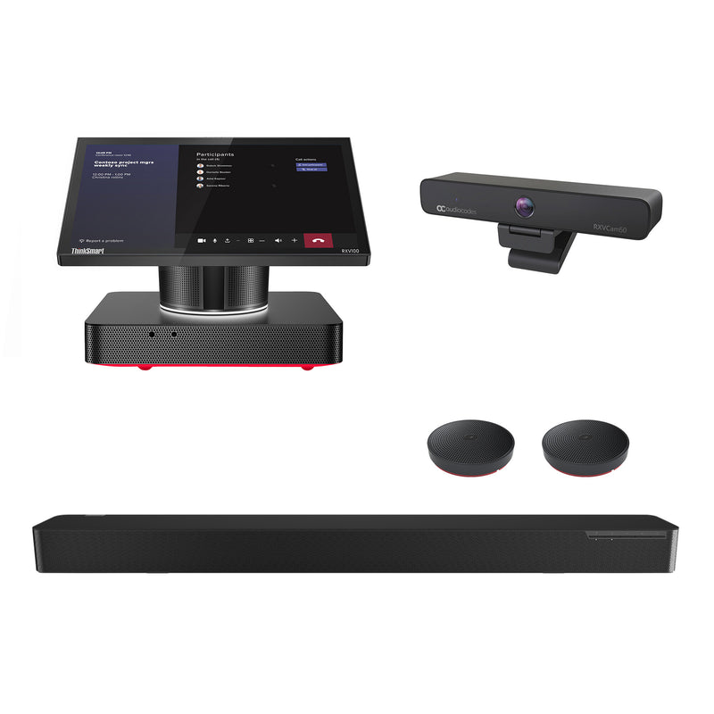 AudioCodes RXV100 Hub with Audio bundled with RXVCam50M and RX40 (Audio Bar with satellite speakers) for use up to large rooms. Compatible with Teams or Zoom