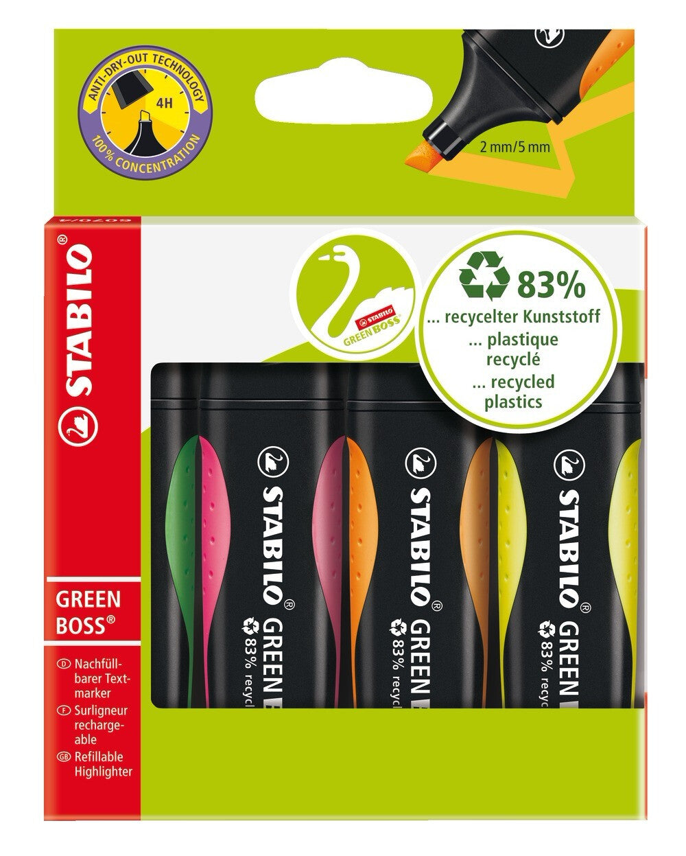 STABILO GREEN BOSS marker 4 Chisel tip Green, Orange, Pink, Yellow