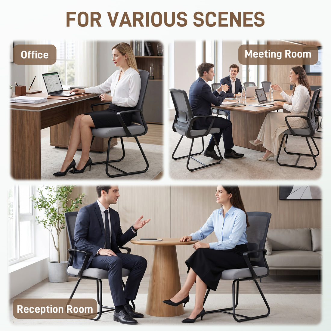 HOMCOM Desk Chair No Wheels, Office Chair with Mesh Back, Lumbar Support, Metal Base for Waiting Room, Conference Room, Dark Grey