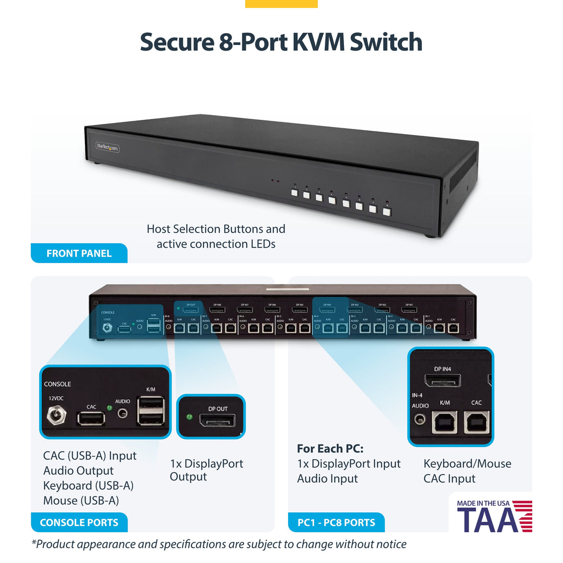 StarTech.com Secure 8-Port KVM Switch, DisplayPort, 4K 60Hz, NIAP 4.0 Desktop KVM, CAC, Metal Housing, Made in - image 4