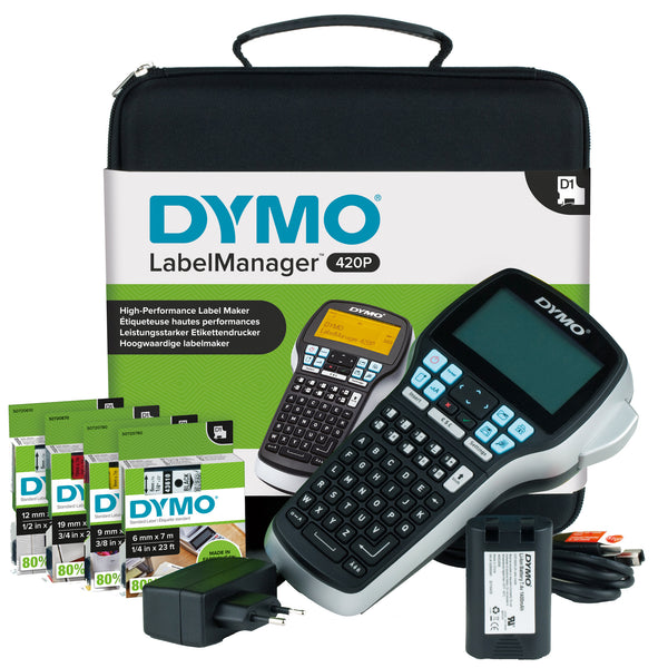 DYMO LabelManager 420P High Performance Rechargeable Portable Label Maker Kit | ABC Keyboard with 4 Rolls of D1 Labels & Carrying Case