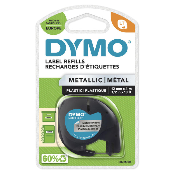 DYMO LetraTag Metallic Labels | Authentic | Black Print on Metallic Silver | 12mm x 4m | Self-Adhesive Multipurpose Labels for LetraTag Label Makers