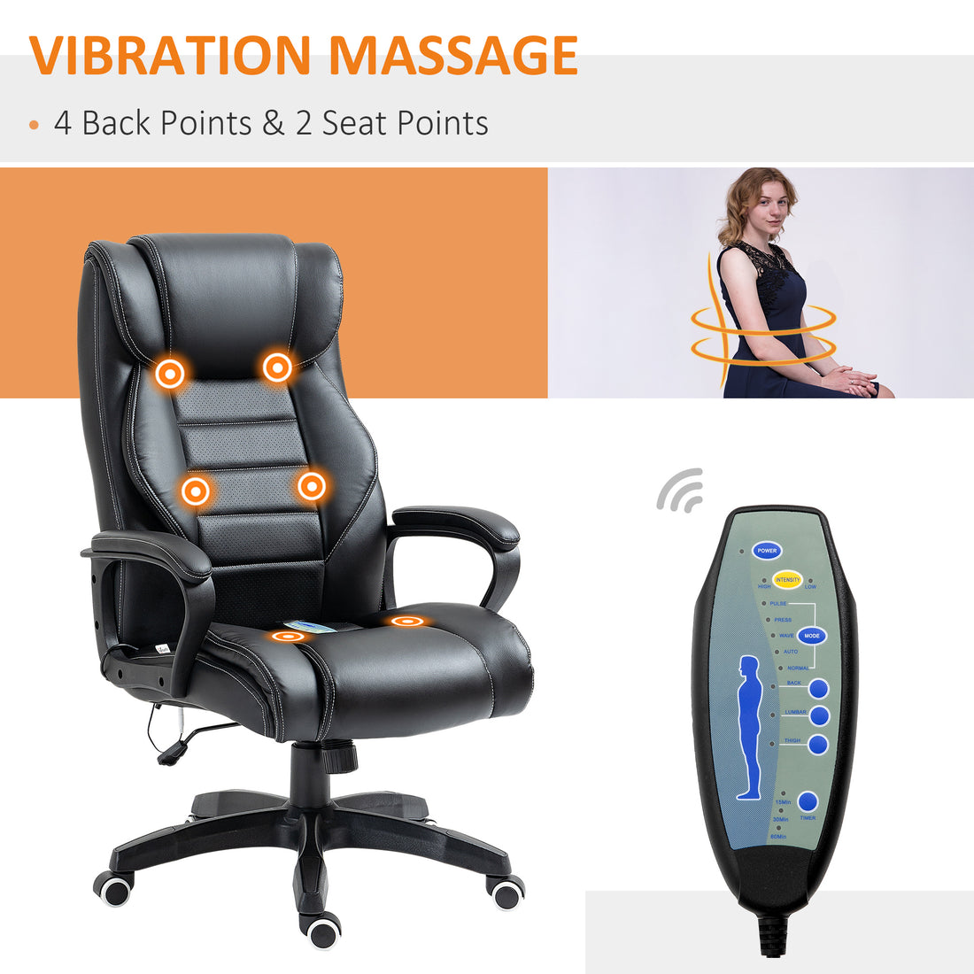 Vinsetto Office Chair with 6-Point Maaage, PU Desk Chair with Padded Seat and Armrest, Computer Chair with Tilt Function for Home, Black