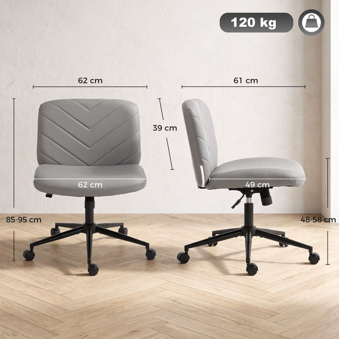 HOMCOM Home Office Desk Chair Height Adjustable Swivel Chair Cross Legged Wide Seat Swivel Wheels Grey